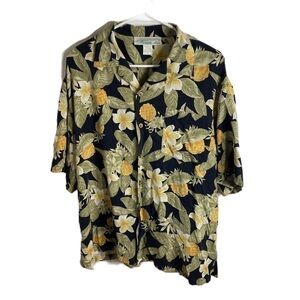 Pineapple Moon 100% Silk Hawaiian Shirt XL Button Down Collared Men’s Yellow
